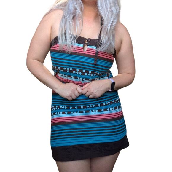 Vintage Y2K Volcom Striped Halter Mini Dress Polka Dot Chocolate Brown Aqua Blue - Picture 1 of 7